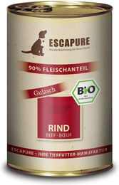 Produktbild von Escapure Bio Hundefutter Rinder Gulasch Stückchen in Sauce mit hohem Fleischanteil 24x400g