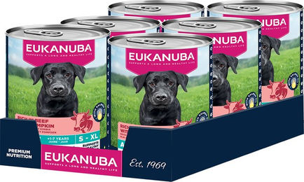 Produktbild von Eukanuba Adult Hundefutter Rind mit Lachs und Kürbis Stückchen in Sauce getreidefrei 6 x 400 g