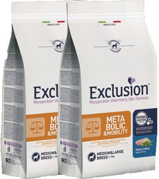 Produktbild von Exclusion Metabolic & Mobility Hundetrockenfutter Schwein & Hanf Doppelpack für erwachsene Hunde mittlerer Rassen zur Gewichtsreduktion und Gelenkunterstützung