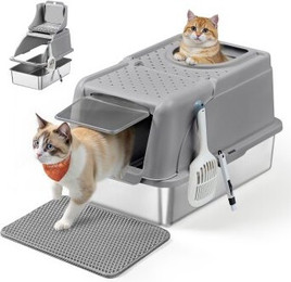 Produktbild von FEANDREA Katzentoilette aus Edelstahl XL mit Deckel und 2 Eingängen