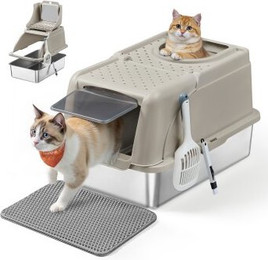 Produktbild von FEANDREA Katzentoilette aus Edelstahl XL mit Deckel und 2 Eingängen - 28 l