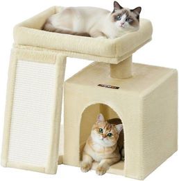 FEANDREA Kratzbaum, Katzenbaum mit Kratzrampe und Plattform, Katzenkratzbaum mit Höhle beige – Bild 1 von 5