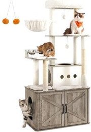 Produktbild von FEANDREA Kratzbaum mit Höhle, erhöhten Fressnäpfen und Katzenklo-Schrank