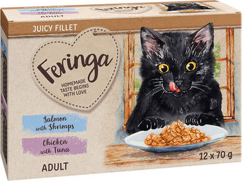 Produktbild von Feringa Juicy Fillet Mixpaket Lachs mit Shrimps und Huhn mit Thunfisch - 12 x 70 g