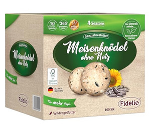 Produktbild von Fidelio Meisenknödel ohne Netz, für Wildvögel, 100 Stück im Karton, 8.3 kg, ganzjähriges Wildvogelfutter proteinreich / energiereich