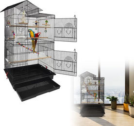 Produktbild von FIVMEN Vogelkäfig Papageienkäfig Vogelvoliere Vogelhaus Käfig mit Spielzeug, Rollen, Schwarz Kanarienvögelkäfig 46x35,5x99cm