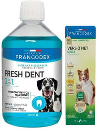 Produktbild von FRANCODEX Fresh Dent Mundhygieneflüssigkeit 500ml + Paste gegen Verdauungsprobleme bei Katzen und Hunden 70g GRATIS