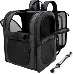 Faltbarer und erweiterbarer Haustierrucksack als Tragetasche für Katzen und Hunde aus Polyester in Schwarz und Silber – Bild 1 von 7