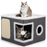 Produktbild von Faltbares Katzenhaus Shikha in Grau mit 2 Schichten, Kratzbrett und Spielball, 43x43x32 cm