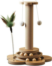 Famanu 4-in-1 interaktives Katzenspielzeug Kratzbaum mit Holzspielbahn und Sisalball in Beige – Bild 1 von 1