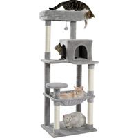 Produktbild von Famanu Katzenbaum Kratzbaum Grau mit Hängematte und Katzenhaus aus Sisal