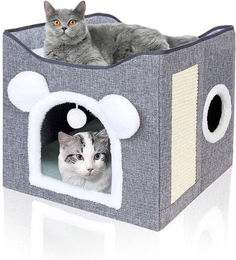 Famanu Katzenhaus mit 2 Etagen, Kratzbrett und Spielball, Grau, 42 x 40 x 39 cm – Bild 1 von 1