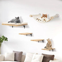 Famanu Kratzbaum aus massivem Holz mit Hängematte und Treppen in Beige 5-teiliges Set – Bild 1 von 1