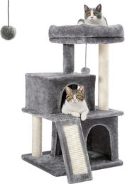 Famanu Kratzbaum aus Plüsch mit Höhle und Spielzeug für Katzen in Grau – Bild 1 von 1