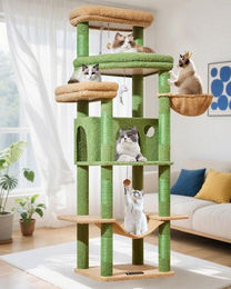 Famanu Kratzbaum für große Katzen in Grün mit 180 cm Höhe, 9 Kratzsäulen, Plattform, Höhle, Liegeplatz, Hängematte und Plüschbällen – Bild 1 von 1