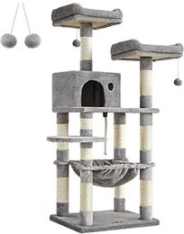 Famanu Kratzbaum für Katzen 143 cm mit 2 Aussichtsplattformen und Hängematte in Grau aus Plüsch und MDF – Bild 1 von 1