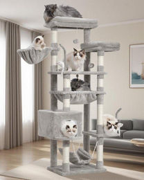 Famanu Kratzbaum für Katzen 160 cm mit Plattformen und Höhlen aus Plüsch und Sisal in Grau – Bild 1 von 1