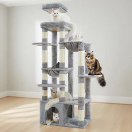 Famanu Kratzbaum für Katzen 180 cm mit Multi-Hängematten in Hellgrau aus Plüsch und Sisal – Bild 1 von 1