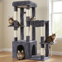 Famanu Kratzbaum für Katzen groß aus Plüsch und Sisal in Beige oder Grau – Bild 1 von 1