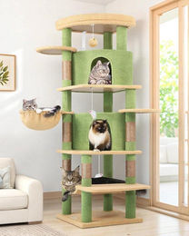 Famanu Kratzbaum für Katzen in Cactusgrün 167 cm mit 2 Katzenhäusern, Plattform und Hängematte aus Plüsch und Sisal – Bild 1 von 1
