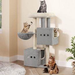 Famanu Kratzbaum für Katzen in Grau mit 2 Höhlen, Hängematte und Sisal-Elementen, 98 cm – Bild 1 von 1