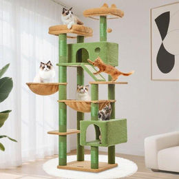 Famanu Kratzbaum für Katzen in Grün mit 2 Katzenhäusern und Hängematte 180 cm aus Sisal und Plüsch – Bild 1 von 1