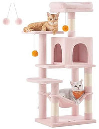 Famanu Kratzbaum für Katzen in Rosa mit 112 cm Höhe, Spielturm aus Plüsch mit 4 Kratzsäulen, 2 Plattformen, 1 Nische, 1 Hängematte und 2 Pompons – Bild 1 von 1