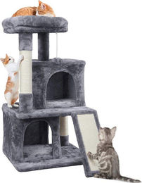 Famanu Kratzbaum für Katzen mit Häuschen und Spielball in Grau, 91 cm hoch – Bild 1 von 1