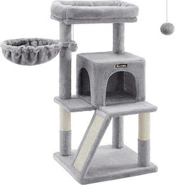 Famanu Kratzbaum für Katzen mit Katzenhaus und Hängematte aus Plüsch und Sisal in Grau – Bild 1 von 1