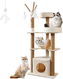 Famanu Kratzbaum für Katzen mit Katzenhaus und Hängematte in Beige, 126 cm hoch mit Sisal-Elementen – Bild 1 von 1
