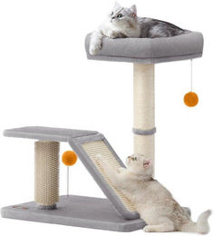 Famanu Kratzbaum für Katzen mit Plattform, drehbarer Kratzfläche, Katzenbürste und Plüschbällen in Hellgrau, 60 cm hoch – Bild 1 von 1