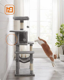 Famanu Kratzbaum für Katzen und Kitten in Grau aus Holzspanplatte, Plüsch und Sisal mit Aussichtsplattformen 55 x 45 x 143 cm – Bild 1 von 1