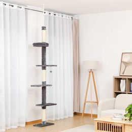 Famanu Kratzbaum für kleine bis mittelgroße Katzen höhenverstellbar mit 5 Ebenen in Grau aus Plüsch und Sisal – Bild 1 von 1
