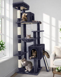Famanu Kratzbaum Grau mit Katzenhäusern und Hangmatte 178 cm für Katzen – Bild 1 von 1