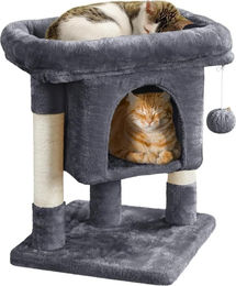 Famanu Kratzbaum mit großer Katzenhöhle aus Plüsch und Seil in Grau für kleine bis mittelgroße Katzen – Bild 1 von 4