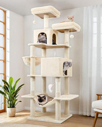 Famanu Kratzbaum XXL Beige mit Häusern, Liegeplatz und Hängematte Höhe 195 cm – Bild 1 von 1