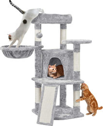 Famanu Kratzsäule für Katzen aus Holz und Sisal mit Katzenhaus und Liegefläche Grau 107 cm – Bild 1 von 2