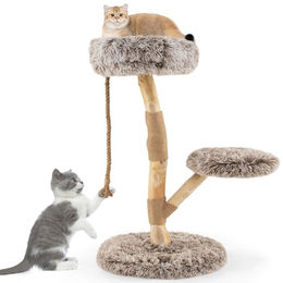 FANTASK Katzenkratzbaum aus Massivholz mit 3 Plüsch Sitzflächen und Jute Kratzpfosten Braun 90 cm – Bild 1 von 2