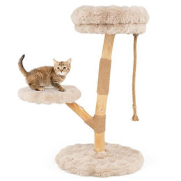 FANTASK Katzenkratzbaum aus Massivholz mit 3 Plüsch Sitzflächen und Jute Kratzpfosten in Beige 90 cm – Bild 1 von 1