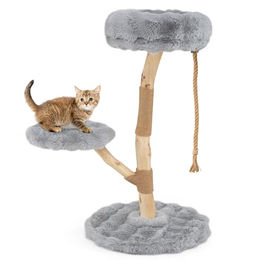 FANTASK Katzenkratzbaum aus Massivholz mit 3 Plüsch Sitzflächen und Jute Kratzpfosten in Grau 90 cm – Bild 1 von 1