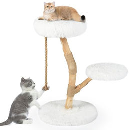 FANTASK Katzenkratzbaum aus Massivholz mit 3 Plüsch Sitzflächen und Jute Kratzpfosten in Weiß 90 cm – Bild 1 von 1