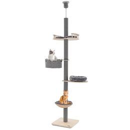 FANTASK Kratzbaum Deckenspanner 236-271 cm mit 5 Etagen, Hängematte, Korb und Bett, Katzenturm aus Holz in Grau – Bild 1 von 1