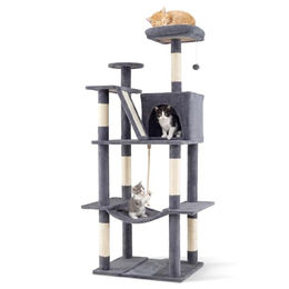 FANTASK Kratzbaum für Katzen 158 cm mit Sisal-Kratzpfosten, Katzenhöhle und Hängematte in Grau – Bild 1 von 5