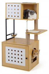 FANTASK mehrstöckiger Kratzbaum aus Holz mit Futterstation und Sisal für Katzen – Bild 1 von 1