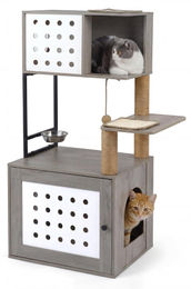 FANTASK mehrstöckiger Kratzbaum aus Holz mit Futterstation und Sisal für Katzen – Bild 1 von 1