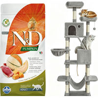 Produktbild von Farmina N&D Katzenfutter Ente mit Kürbis getreidefrei 1,5 kg und großer Kratzbaum Grau mit Sisal 206 cm