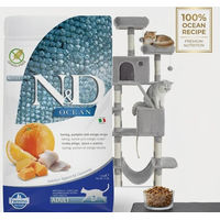 Produktbild von Farmina N&D Ocean Katzenfutter Hering 1,5 kg Beutel und Kratzbaum 206 cm Grau
