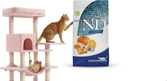 Farmina N&D Ocean Katzenfutter Hering mit Kürbis getreidefrei 1,5 kg und mehrstöckiger Kratzbaum Größe L in Pastellrosa mit Plüschmaterial – Bild 1 von 1