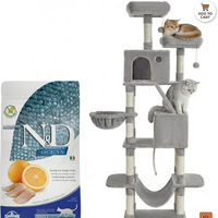 Produktbild von Farmina N&D Ocean Katzenfutter Hering & Orange 1,5 kg getreidefrei und großer Kratzbaum 206 cm in Grau aus Holzspanplatte, Plüsch und Sisal