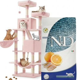 Farmina N&D Ocean Katzenfutter Hering & Orange 1,5 kg und mehrstöckiger Kratzbaum Größe L in Pastellrosa mit 13 Kratzsäulen, 2 Plattformen, 2 Höhlen, Korb und Hängematte – Bild 1 von 1